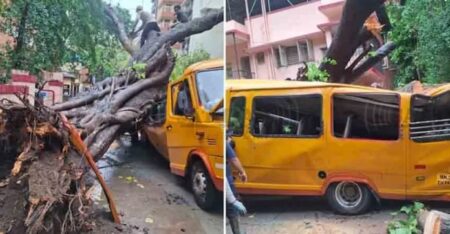 മുംബൈയിൽ സ്കൂൾ ബസിന് മുകളിലേക്ക് മരം വീണു: വിദ്യാർഥി മരിച്ചു, പത്ത് പേർക്ക് പരിക്ക്